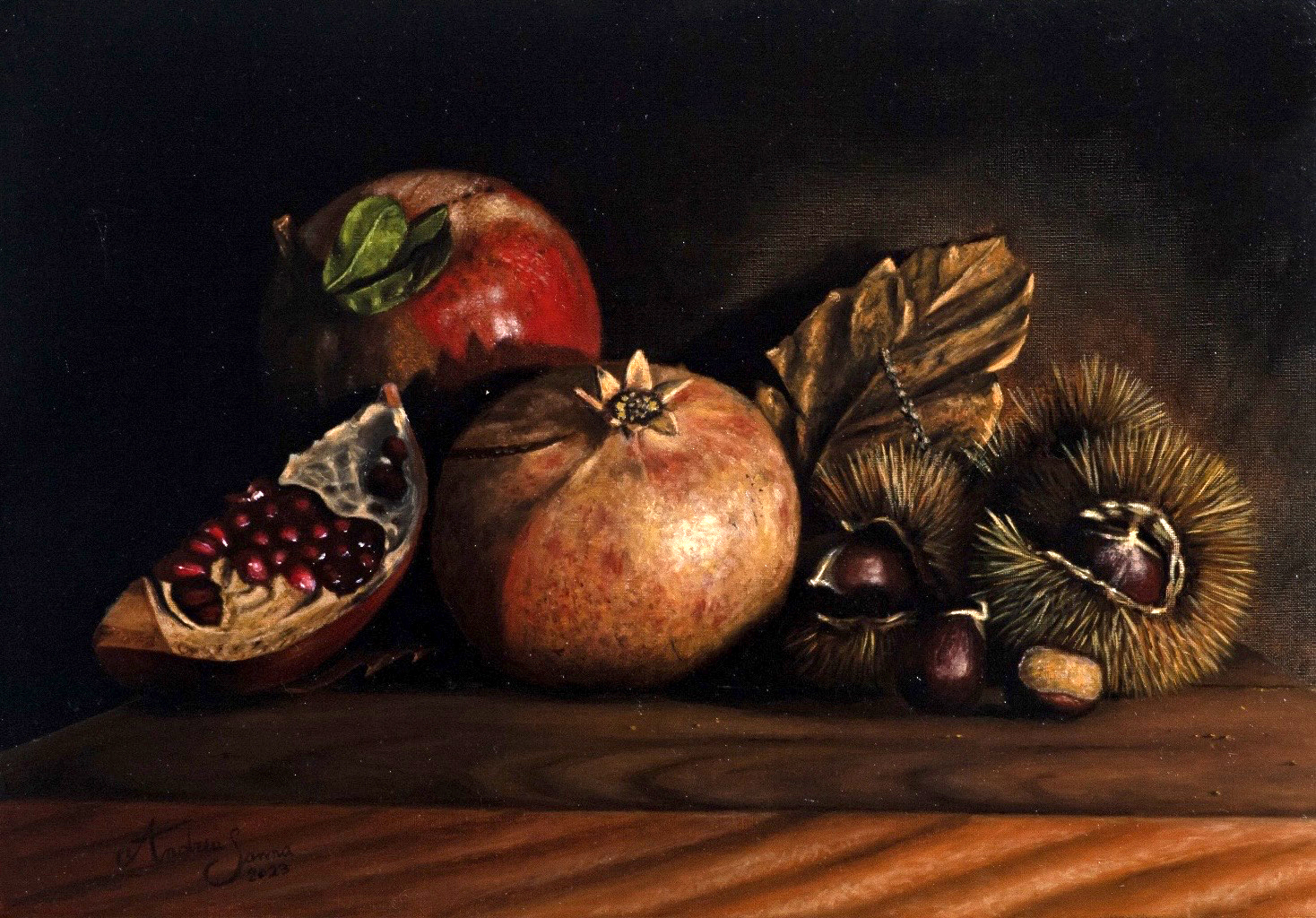Natura morta con melagrane e castagne